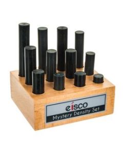 12pc Mystery Density Activity Set - Cylindrical Bars, Various Lengths - Includes Wooden Storage Block - For Identification Exercises and Studying Density & Mass - Eisco Labs